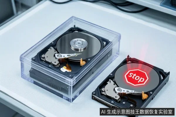 白色桌面上,左侧透明盒内平放一块打开外壳的机械硬盘,右侧平放另一块裸露机械硬盘,盘片上叠加红色STOP标志。