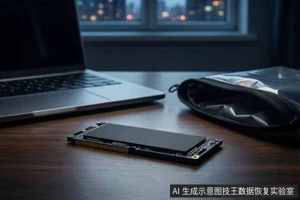 深色木桌上平放一块M.2固态硬盘,左侧有一台打开的银色笔记本电脑,右侧有一个黑色防震袋,背景是模糊的城市夜景窗户。