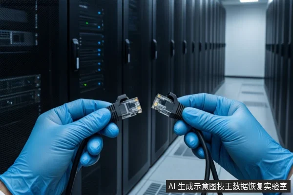 数据中心机房内，背景为成排黑色服务器机柜。前景中一双戴蓝色手套的手分别持握两个RJ45水晶头，正对准备连接。右下角有固定标识。