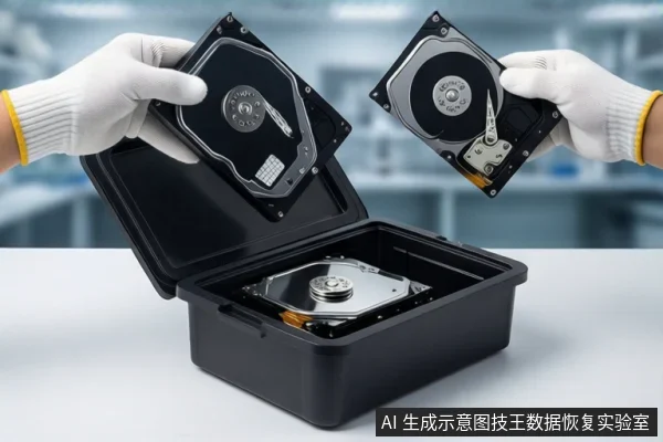 白色桌面上,一个打开的黑色防震箱内固定着一块机械硬盘。一双戴白色手套的手正分别握持两块打开外壳的机械硬盘,悬停在箱子上方。背景为模糊的实验室环境。