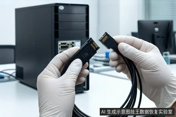 白色桌面上,一双戴白色手套的手正握持一根黑色SATA数据线的两端接口,将其悬停在空中。背景左侧是一台黑色台式主机,右侧是一台黑色显示器。