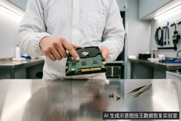 身穿白色无尘服的技术人员双手托举一块已拆解的机械硬盘,手指指向底部的绿色电路板。不锈钢操作台上散落着螺丝和镊子,背景为专业维修实验室环境,展示了硬件检测与拆解场景。