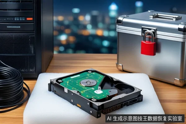 木质桌面上,白色垫子上平放一块打开外壳的机械硬盘,左侧有一台黑色塔式主机和盘绕的黑色线缆,右侧为挂有红色挂锁的银色金属防震箱,背景为模糊的城市夜景。