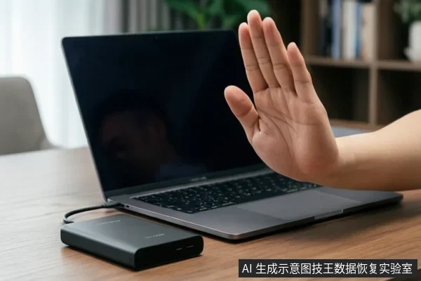 木桌上放着一台打开的笔记本电脑,旁边有一个黑色移动硬盘通过线缆连接,一只手在电脑前做出停止手势。