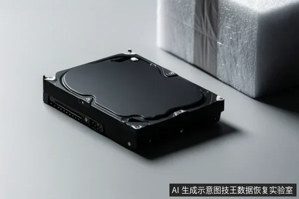 画面前景桌面上放置一块黑色机械硬盘,可见接口与外壳;背景为虚化的白色泡沫包装箱。