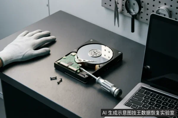 工作台上放置着一块已拆开外壳的机械硬盘,露出内部磁盘与电路板。旁边放有一把螺丝刀和取出的螺丝,一只戴白色防静电手套的手按在桌边,右侧是一台笔记本电脑,呈现硬件检修场景。