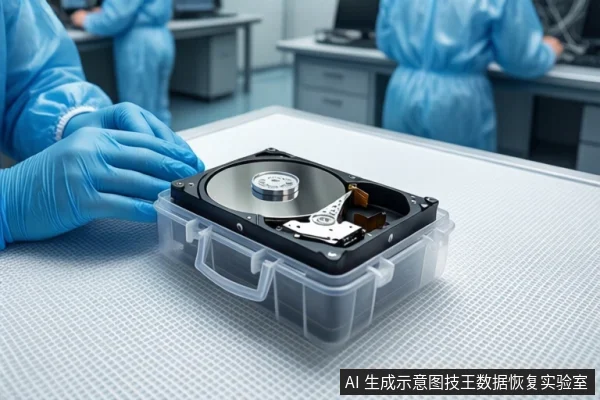 Gloved hands touch an open hard drive in a clear case on a white lab table.