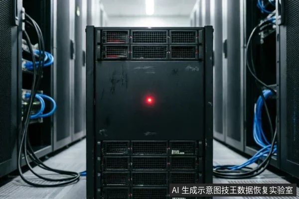 数据中心机房内,一排黑色服务器机柜整齐排列。画面中央的塔式设备正面亮着红色指示灯,两侧连接着大量蓝色和黑色的网络线缆,展示了典型的数据存储硬件环境。