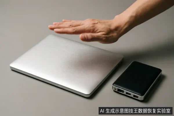 一只手掌悬停在闭合的银色笔记本电脑上方,旁边放置着一个黑色的移动硬盘盒。画面展示了电脑与外部存储设备并置的场景,手部动作暗示了接触或隔离的状态。
