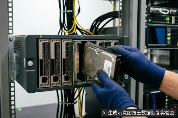 一名佩戴蓝色防静电手套的技术人员正在服务器机架中，将一块机械硬盘插入黑色的存储阵列设备插槽内。背景可见整齐排列的线缆和其他服务器硬件，展示了数据恢复或硬件维护时的物理介质操作场景。