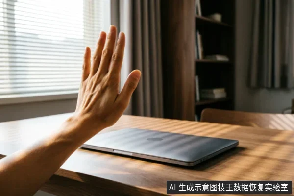一只手掌在闭合的笔记本电脑前做出停止手势，阳光透过百叶窗洒在木质桌面上。画面通过肢体语言直观传达“立即停止操作”的警示含义，与文中强调的硬盘故障应急处理原则高度契合。