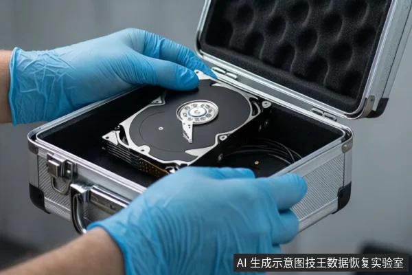 Gloved hands place an open hard drive into a silver case.