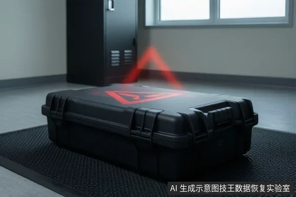 室内地面上放置一个黑色加固箱,箱体顶部有红色三角形警示图案,背景有柜子和窗户。
