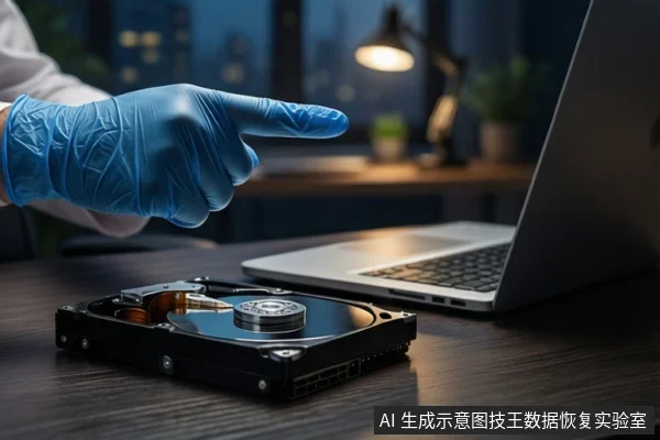深色桌面上,前景平放一块打开外壳的机械硬盘,可见盘片、主轴和磁头组件。右侧是一台银色笔记本电脑,屏幕关闭。背景为模糊的窗户和一盏亮着的台灯。左侧一只戴蓝色手套的手伸出食指指向硬盘。