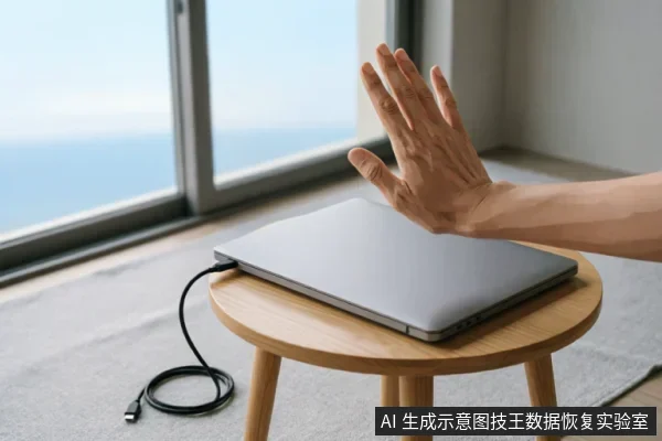 一只手掌悬停在闭合的银灰色笔记本电脑上方,做出停止或拒绝的手势。电脑放置在木质圆桌上,侧面连接着一根黑色的数据线,线缆另一端自然垂落在地毯上。背景为明亮的落地窗和海景。