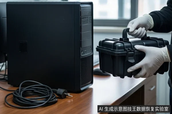 木质桌面上放置一台黑色台式主机和盘绕的电源线,右侧一双戴白色手套的手正握持一个闭合的黑色防震箱。