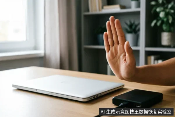 木质桌面上放置着一台闭合的银色笔记本电脑和一个连接着数据线的黑色移动硬盘。一只手掌在设备前方做出明显的“停止”手势,示意立即中断操作或拒绝进一步通电,背景为模糊的书架与窗户。