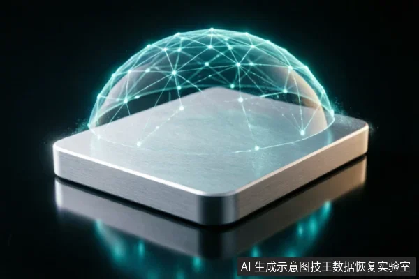 一个银色金属质感的方形存储设备底座,上方悬浮着一个由青色发光节点和线条构成的半透明几何网格穹顶。背景为黑色,底部有清晰的倒影,呈现出抽象的科技与数据保护概念。