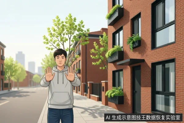 一名身穿灰色连帽卫衣的男子站在城市街道的人行道上,面向镜头举起双手做出“停止”的手势,表情严肃。背景为红砖建筑和绿树,画面传达出明确拒绝和警示的意味,无电脑或硬盘等硬件元素。