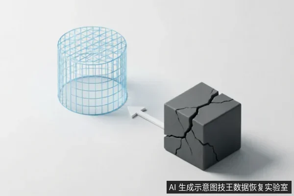 画面展示了一个表面布满裂纹的深灰色立方体,通过白色箭头指向一个蓝色的线框圆柱体。立方体象征受损或故障的存储介质,线框圆柱体代表安全的数据空间或只读环境,直观表达了在数据恢复中从物理损坏状态向受控安全环境的转化与隔离。