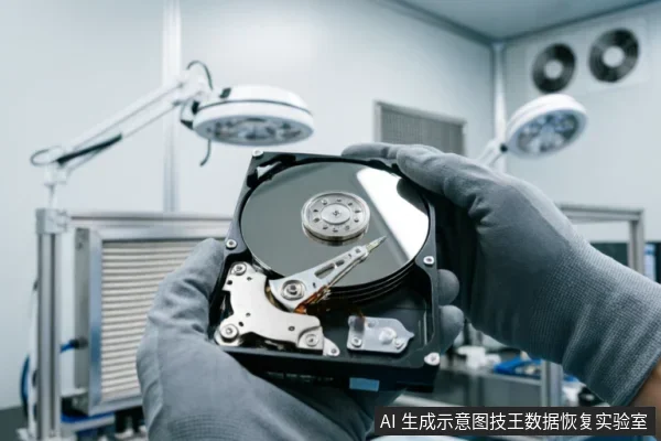 戴着灰色防静电手套的双手在洁净室环境中托举着一块已打开外壳的机械硬盘，清晰展示内部磁盘盘片与磁头组件，背景可见专业照明灯及通风设备。