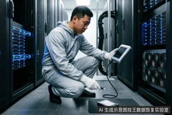 一名身穿灰色防静电服和手套的技术人员蹲在服务器机房内,手持连接线缆的平板检测仪器,正在对放置于黑色垫子上的固态硬盘进行专业检测。