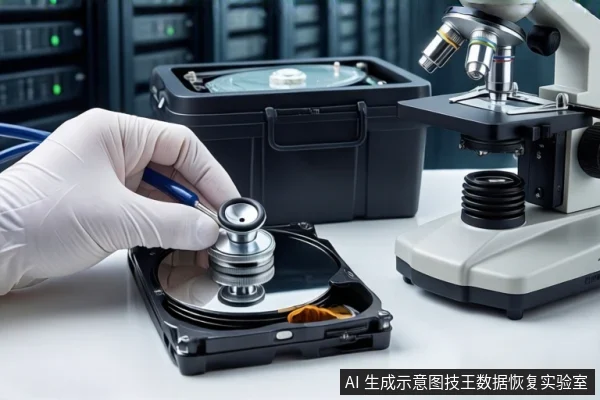 白色桌面上,一只戴白手套的手持银色听诊器贴向打开外壳的机械硬盘盘片。右侧放置显微镜,后方黑色防震箱内固定另一块硬盘,背景为模糊的服务器机柜。