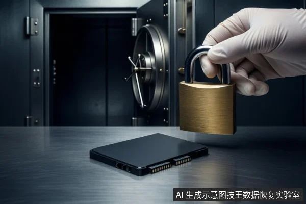 金属台面上平放一块黑色固态硬盘,右侧一只戴白色手套的手正握持一把黄铜色挂锁悬停在硬盘上方,背景为打开的保险柜。