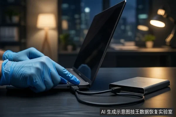深色桌面上，戴蓝色手套的双手正在操作一台打开的笔记本电脑，旁边平放一块银色移动硬盘，两者通过黑色线缆连接，背景为模糊的城市夜景和台灯。