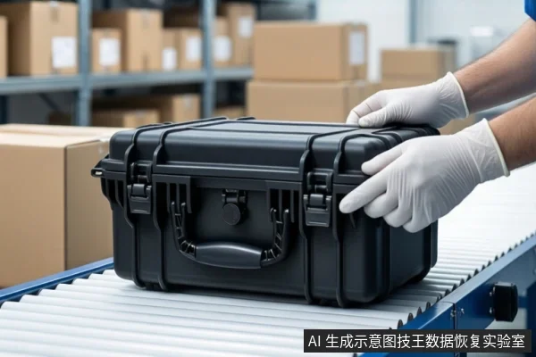 仓库传送带场景中，一双戴白色手套的手正扶握一个闭合的黑色防震箱，背景可见货架和堆叠的纸箱。