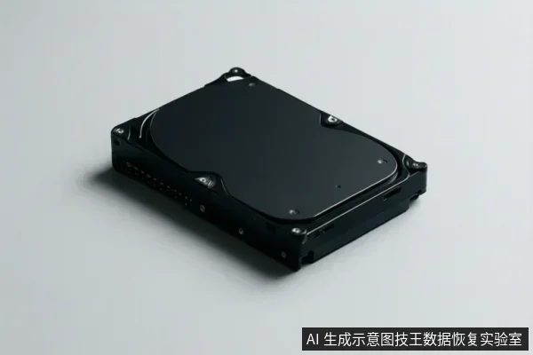 一块黑色机械硬盘平放在浅灰色背景上,硬盘外壳完整,接口和螺丝位置可见,无文字或操作动作。