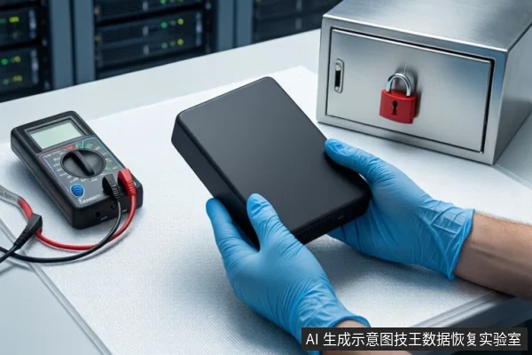 洁净室白色桌面上,戴蓝色手套的双手正持握一块闭合的黑色机械硬盘,左侧平放一台带红黑表笔的数字万用表,右侧为挂有红色挂锁的银色金属防震箱,背景可见服务器机柜。