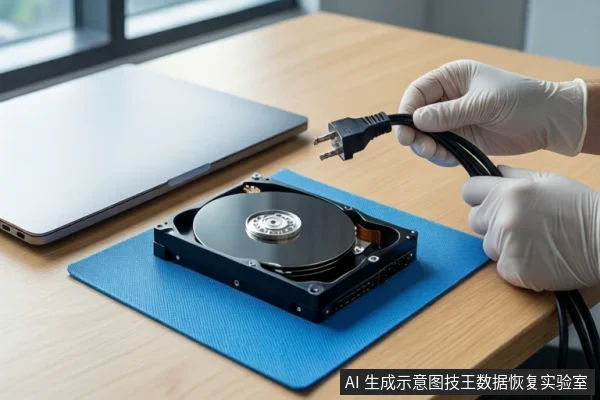 木质桌面上铺着蓝色防静电垫,垫上平放一块打开外壳的机械硬盘。左侧是一台银色笔记本电脑。右侧一双戴白色手套的手正握持一根黑色电源线缆,悬停在硬盘上方。背景是模糊的窗户。