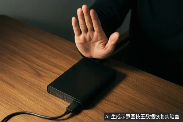 一只手悬停在木纹桌面上的黑色移动硬盘上方，手掌张开示意停止，硬盘连接着数据线。