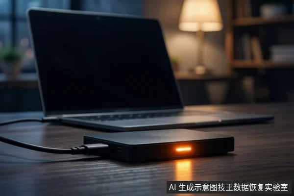 深色木桌上,前景平放一个黑色外接硬盘盒,正面亮着橙色指示灯,通过黑色线缆连接至后方一台屏幕关闭的银色笔记本电脑。背景为模糊的室内环境,可见台灯和书架。