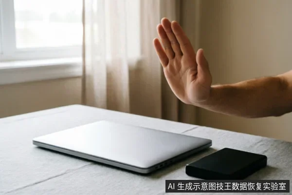 桌面上放置着一台闭合的银色笔记本电脑和一个黑色移动硬盘，一只手臂从右侧伸入画面，手掌张开面向设备做出明确的停止手势，示意立即断电或禁止操作。