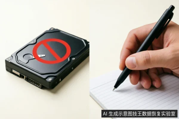 左侧为一个印有红色禁止符号的黑色机械硬盘,象征停止通电操作;右侧为一只手握黑色签字笔在横线笔记本上书写,示意记录设备故障症状。
