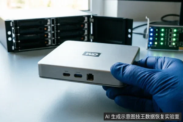 一只戴着蓝色防静电手套的手正托起一块银色WD品牌机械硬盘,展示其侧面的SATA数据与电源接口。背景模糊可见黑色多盘位硬盘阵列柜及带有指示灯的电子设备,呈现出专业的数据存储或硬件检测环境。