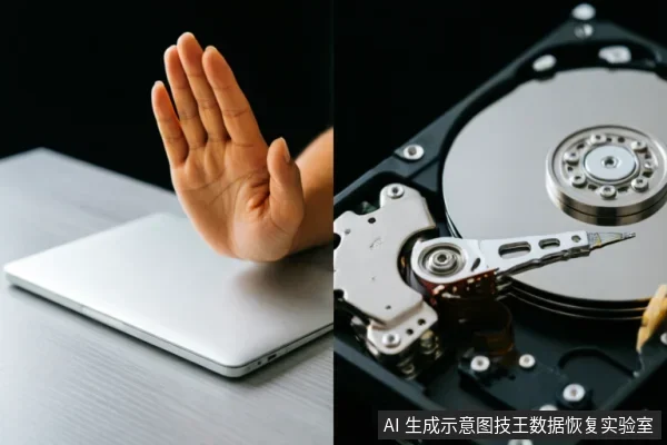左侧画面展示一只手在闭合的笔记本电脑前做出停止手势,象征立即断电或禁止写入操作;右侧为机械硬盘内部特写,清晰呈现磁盘盘片与磁头臂结构。图片直观表达了硬盘故障时需物理止损、避免进一步读写以保护数据的核心理念。