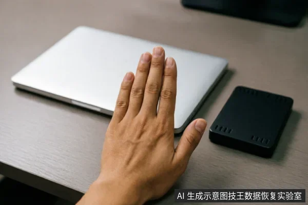 一只手掌平放在桌面上,掌心向下,做出停止或阻挡的手势。背景中放置着一台闭合的银色笔记本电脑和一个黑色的移动硬盘,示意在设备故障时立即停止操作。