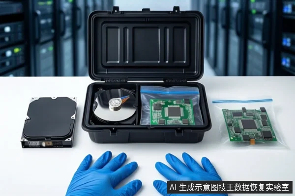 白色桌面上,中间打开的黑色防震箱内放置一块机械硬盘和防静电袋中的绿色电路板,左侧平放一块硬盘,右侧防静电袋内装电路板,下方一双戴蓝色手套的手平放。背景为模糊的服务器机柜。