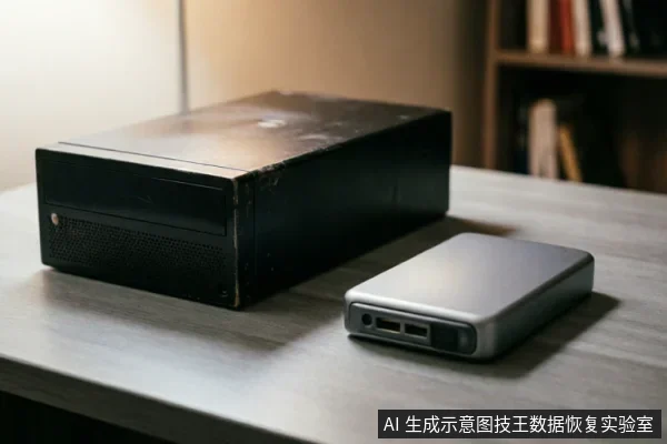 一张木质桌面上放置着一台黑色的旧式台式电脑主机和一个银色的外接硬盘盒,背景模糊可见书架。画面展示了典型的桌面数据存储环境,未显示具体操作细节。
