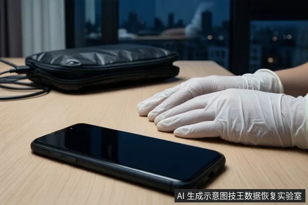 木质桌面上平放一部黑屏智能手机，右侧一双戴白色手套的手平放在桌面上。左后方放置一个黑色防震箱和盘绕的黑色线缆，背景为模糊的窗户和城市夜景。
