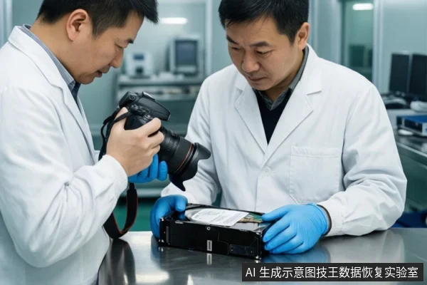 两名穿白大褂的亚洲成年男子在实验台前，一人戴蓝色手套托住一块打开的机械硬盘，另一人手持单反相机近距离拍摄盘体。