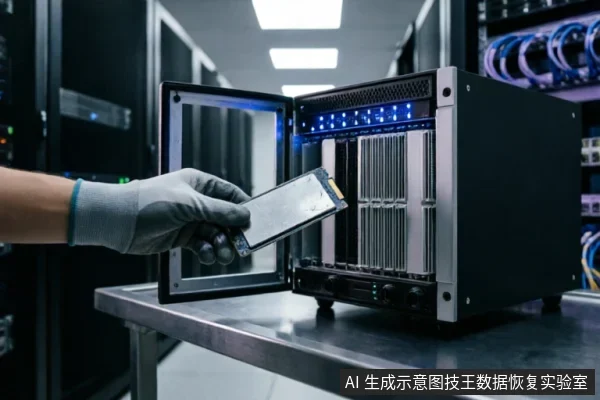 戴防静电手套的手持一块笔记本硬盘,正准备将其插入机架式服务器或存储设备的插槽中。背景为数据中心环境,设备面板亮着蓝色指示灯,展示了硬件连接与数据恢复检测的场景。