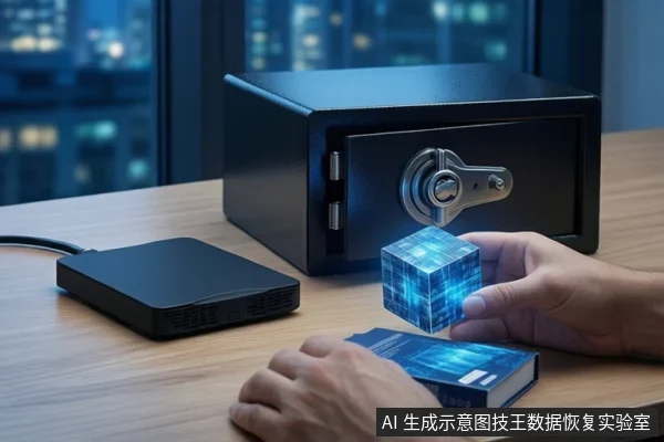 木质桌面上,一只裸手正持握一个发光的蓝色立方体,下方放着一本蓝色封面的书。左侧平放一个黑色外接硬盘盒,后方是一个打开的黑色保险箱,背景为模糊的城市夜景。