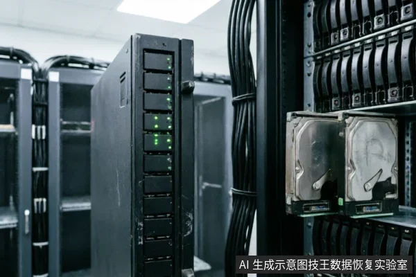 数据中心服务器机柜特写,左侧黑色存储设备亮着绿色状态指示灯,右侧硬盘托架中有一块机械硬盘被拉出半截,旁边束有黑色线缆。