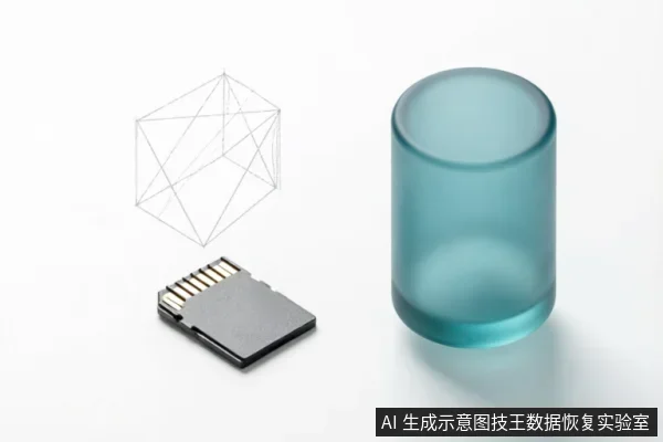 白色背景上放置一张SD存储卡,左侧悬浮一个几何线框立方体结构,右侧立着一个半透明的青蓝色圆柱体。画面为极简风格的静物组合,无任何文字、屏幕或操作动作。