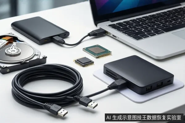 白色桌面上，左侧平放一个打开外壳的机械硬盘，中间散落着两块芯片，右侧是一台银色笔记本电脑。前景盘绕着一根黑色USB数据线，连接着一个黑色移动硬盘盒。