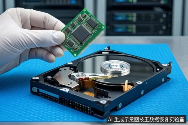 蓝色防静电垫上平放一块打开外壳的机械硬盘,露出盘片与磁头组件。左侧一只戴白色手套的手正握持一块绿色电路板,悬停在硬盘上方。背景可见模糊的服务器机柜。